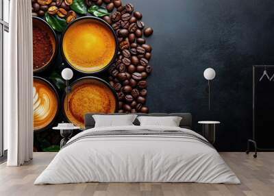 Assorted Coffee Drinks with Beans and Leaves. Variety of coffee cups filled with different coffee types and garnished with coffee beans and leaves, offering a rich sensory coffee experience. Wall mural