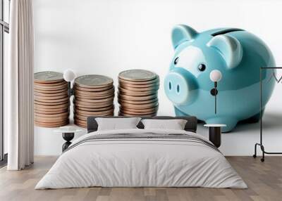 Blue Piggy Bank with Stacks of Coins for Savings Wall mural