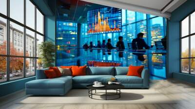 Business executives in a meeting with financial analysis data on digital screens. Wall mural