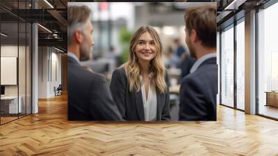 Businesswoman. A cheerful blonde businesswoman in a smart blazer laughs while conversing with male colleagues in a dynamic office environment. Wall mural