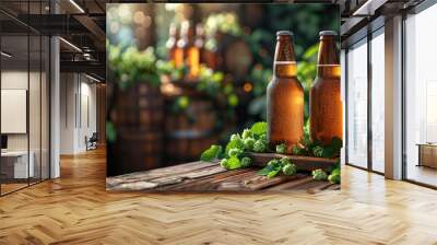 Chilled Beer Bottles Among Fresh Hops and Leaves. Two chilled beer bottles stand amidst vibrant fresh hops and leaves, with a blurred background of a brewery setting. Wall mural