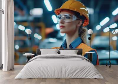 Confident Woman in Safety Gear at Industrial Site Wall mural