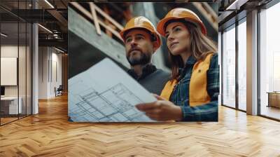 Construction Professionals Reviewing Blueprints on Site. Two construction professionals, equipped with hard hats, hold blueprints and review architectural details at an active building site. Wall mural