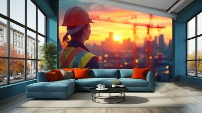 Construction Worker at Sunset Over City Skyline. Construction worker in safety gear admires a vibrant sunset over a city skyline, with construction cranes silhouetted against the horizon. Wall mural