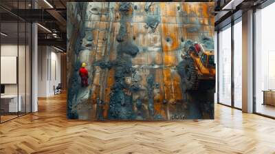 Construction worker inspecting dam structure. Construction worker in protective gear inspects the structure of a dam, highlighting the maintenance and safety aspects of hydropower engineering. Wall mural