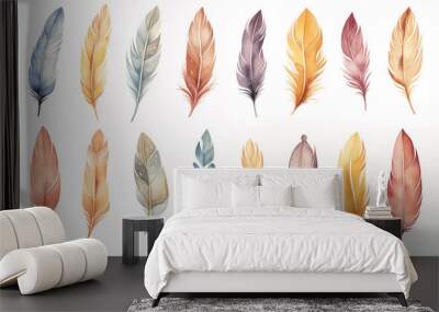 Cute Boho collection, featuring a set of bird feathers on a white background. Wall mural