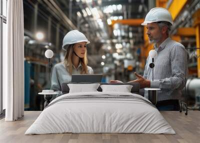 Engineering Discussion in Industrial Setting. Woman and a man engage in a professional discussion in an industrial environment, showcasing teamwork and collaboration in engineering and technology. Wall mural