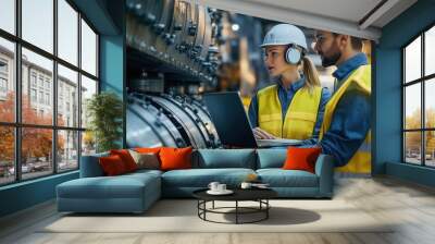 Engineers Conducting Industrial Equipment Check. Two engineers wearing safety helmets and vests conduct a check on industrial equipment using a laptop for digital monitoring. Wall mural