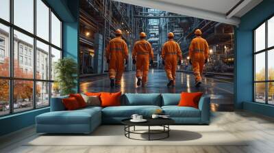 Group of four workers in orange overalls and safety helmets walk together in a modern industrial facility, showcasing teamwork and professionalism in a vibrant environment. Wall mural