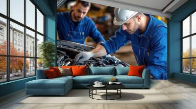 Mechanics Performing Engine Repair in Workshop. Two mechanics, one wearing a hard hat, focus on engine repair tasks inside a car factory's workshop, demonstrating precision and skill. Wall mural