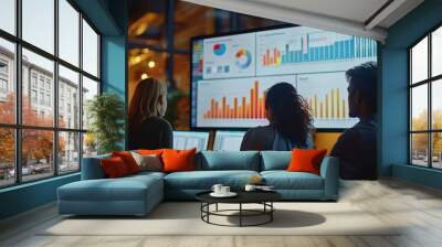 Professionals in a meeting discuss data analytics and business growth visualized on a large digital display. Wall mural