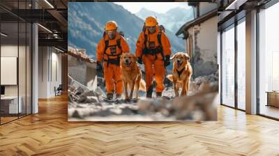 Rescue Team With Dogs in Disaster Response Scenario. Brave rescue team in orange suits walks through debris with trained dogs, exemplifying dedication and teamwork in emergency response efforts. Wall mural