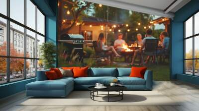 Summer Backyard Barbecue Party at Dusk. Cozy summer evening gathering around a fire pit in a lush backyard, with friends enjoying a barbecue. Wall mural