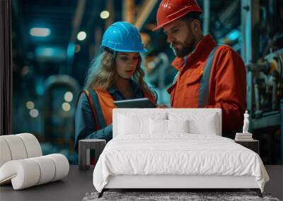 Two engineers in safety gear discuss over a digital tablet against the backdrop of heavy machinery in a manufacturing plant. Wall mural