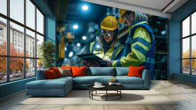 Two engineers in safety gear discuss over a digital tablet against the backdrop of heavy machinery in a manufacturing plant. Wall mural