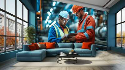 Two engineers in safety gear discuss over a digital tablet against the backdrop of heavy machinery in a manufacturing plant. Wall mural