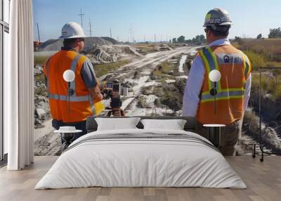 two engineers in safety gear using survey equipment to assess the environmental impact at a construc Wall mural