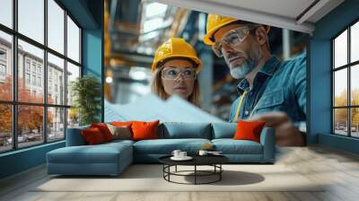 Two engineers wearing yellow hard hats and protective glasses review blueprints inside a building under construction, focusing on project details. Wall mural