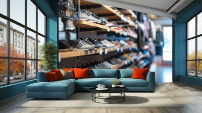 Variety of Shoes on Display in Modern Store. Wide selection of modern shoes neatly displayed on wooden shelves in a stylish shoe store. Wall mural