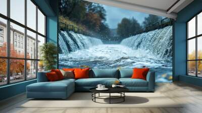 Waterfall Over Hydroelectric Structure. Waterfall flowing over a hydroelectric structure, showing the movement and distribution of water in power generation. Wall mural