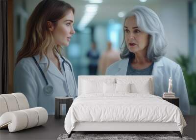 Young female doctor engages in a serious discussion with a colleague in a modern hospital corridor, highlighting teamwork and professionalism in healthcare. Wall mural