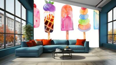 Watercolor Ice Cream Popsicles Clipart Illustration with Various Flavors Wall mural