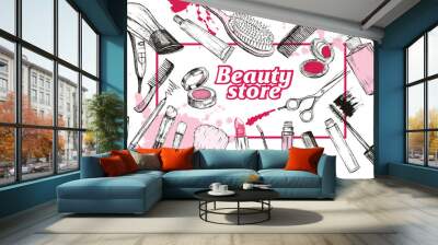 Beauty store with make up artist and hairdressing objects Wall mural