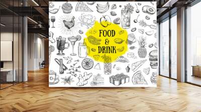 Food and drink hand drawn illustration Wall mural