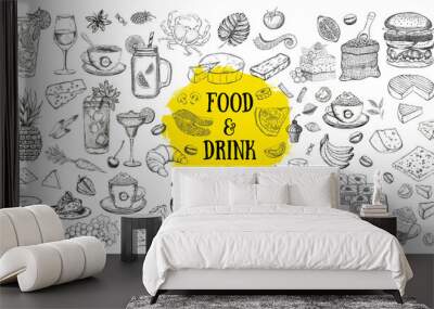 Hand drawn food elements.Vector set with food and drink. Wall mural