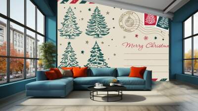 Postcard, Christmas mail with tree, hand drawn illustration.	
 Wall mural