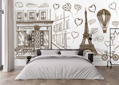 Set of hand drawn French icons, Paris sketch illustration Wall mural