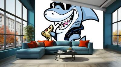 Cool shark eating pizza vector illustration Wall mural