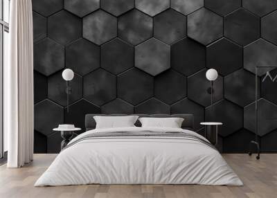 Abstract seamless dark black gray grey anthracite concrete cement stone tile wall made of hexagonal geometric hexagon print texture background banner panorama, Generative Ai Wall mural