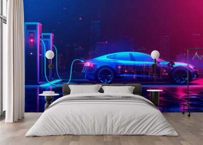 EV car in futuristic vehicle concept. Electric car charging station and battery level icon. Future transportation. Futuristic autonomous car. Driverless autonomous vehicle. Self-driving car technology Wall mural