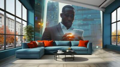 handsome black african american businessman holding smart tablet screen in hands analyzing the world economy stock market. holographic web design. city skyscrapers in blurry background Wall mural