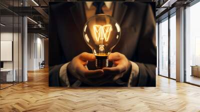 Man holding a creative sign or label and light bulb icon Wall mural