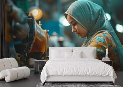 photo of asian indian seamstress with headscarf in textile factory sewing with industrial sewing machines Wall mural