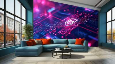 secure connection or cybersecurity service concept of compute motherboard closeup and safety lock with login and connecting verified credentials as wide banner design Wall mural