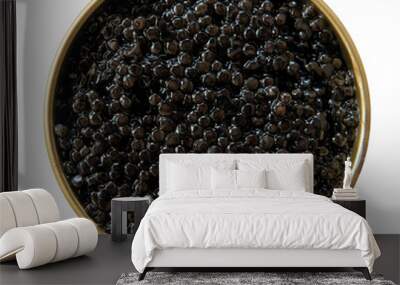 Black caviar in an open tin can with spoon on a white background. Top view. Gourmet seafood delicacy. Wall mural