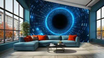 Digital Binary Code Tunnel with Glowing Blue Data Wall mural