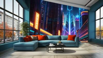 Futuristic Cityscape with Neon Lights and Skyscrapers Wall mural