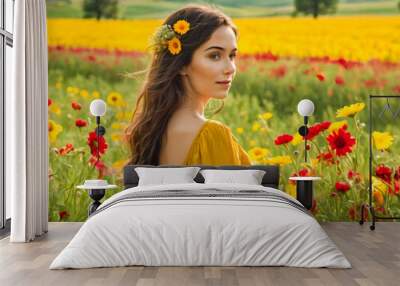 Portrait of happy young girl in summer blooming field with flowers, spring meadow in countryside. Wall mural