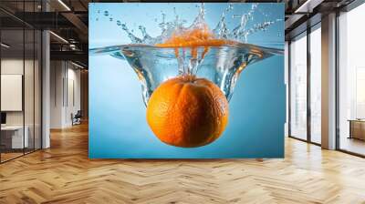 A close-up shot of a ripe orange dropping into water, orange, drop, fruit, splash, fresh, healthy, vibrant, citrus, juicy Wall mural