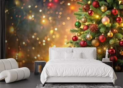 A festive Christmas background with twinkling lights, ornaments, and a decorated tree, Christmas, holiday, background Wall mural