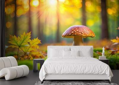 A serene mushroom nestled in a lush forest, with vibrant green grass and golden autumn leaves Wall mural