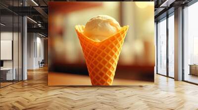 A single scoop of vanilla ice cream nestled in a crisp, golden waffle cone, bathed in warm, summery light. Wall mural