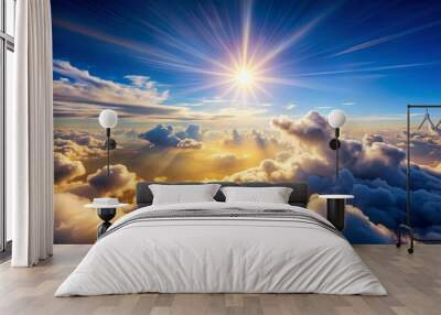 A stunning aerial view above the clouds on a sunny day , sky, clouds, aerial, view, blue, sun, sunlight, fluffy, white Wall mural