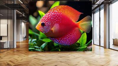 A vibrant red and orange discus fish swims through a lush aquatic plant environment, its body adorned with intricate blue and white patterns. Wall mural