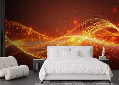 Abstract particle wave with vibrant red and orange colors, glowing points, and dynamic wallpaper Wall mural