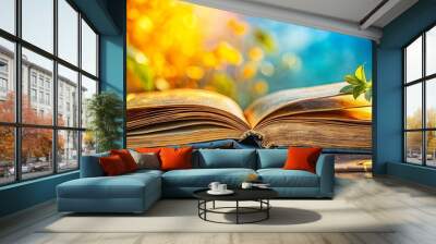 An open book resting on a wooden surface with a delicate green twig and leaves resting atop its pages, the backdrop a soft blur of vibrant yellow and blue hues. Wall mural